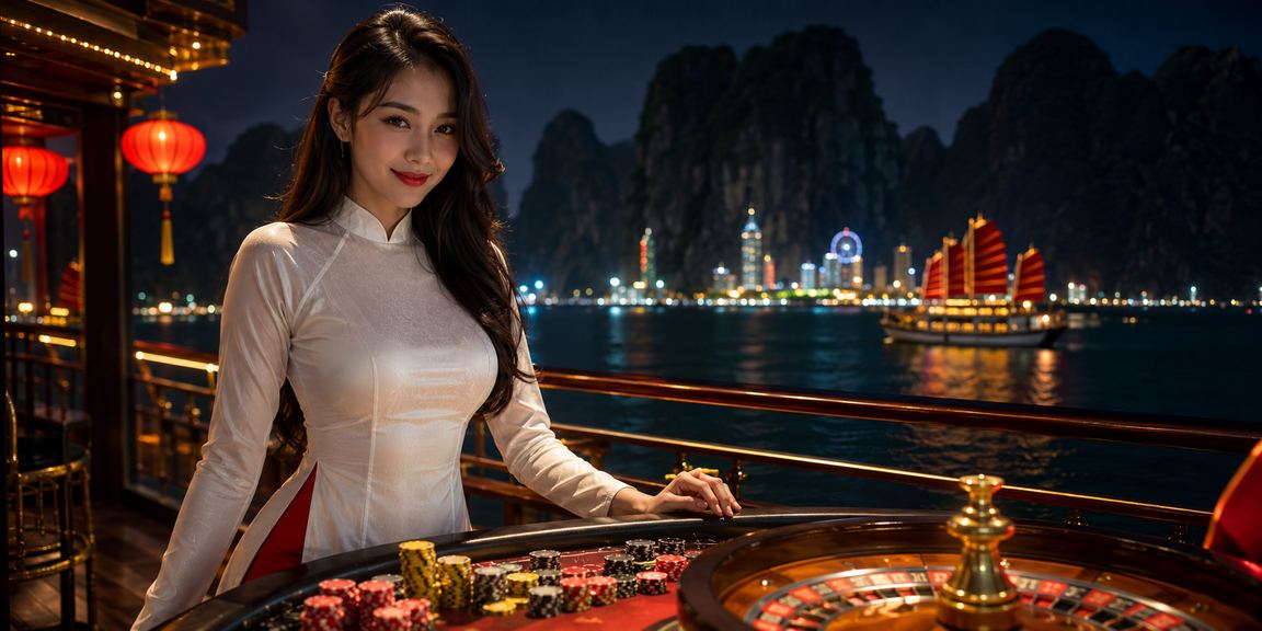 Người phụ nữ mặc áo dài truyền thống Việt Nam tham gia xổ số điện tử trên nền cảnh vịnh Hạ Long