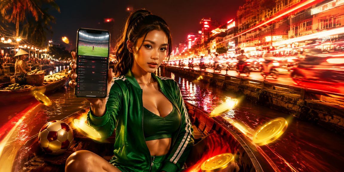 Không gian cá cược thể thao sôi động vùng đồng bằng Mekong với bảng neon hiển thị kèo bóng đá